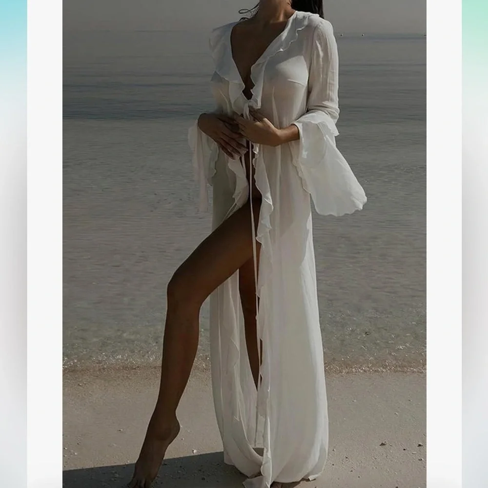 Black Hollywood long duster maxi robe cover up ruffle rumba retro Pinup bridal